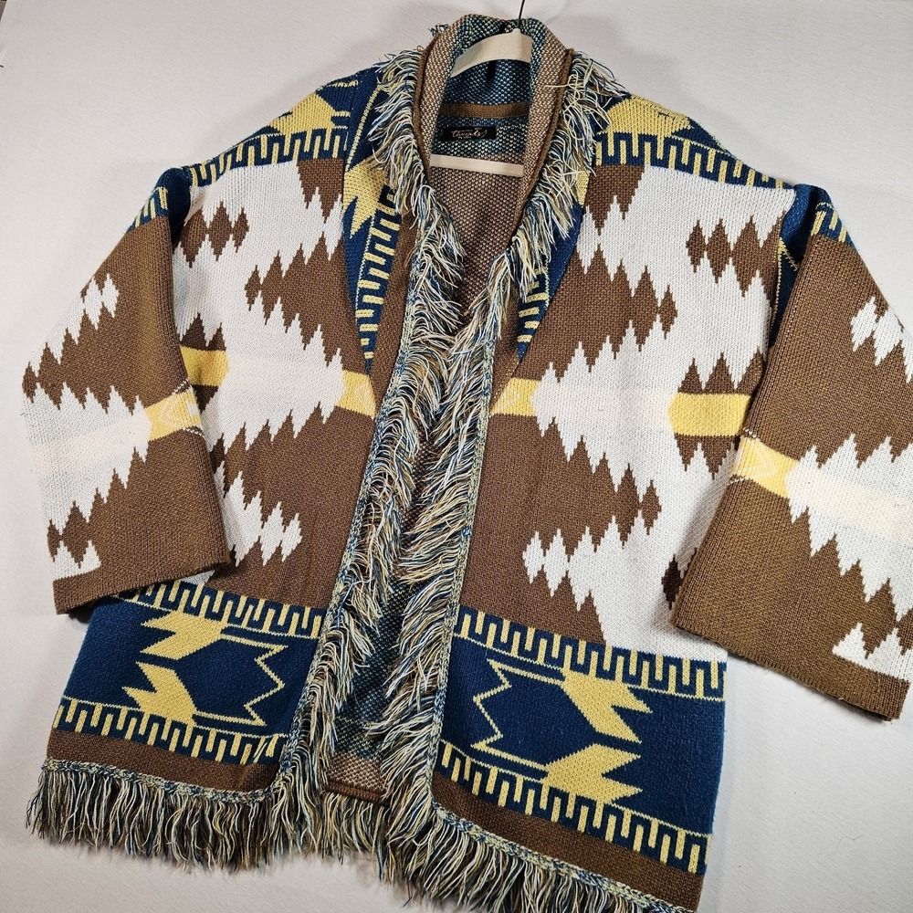 Threads By Nina Cardigan‎ Shawl Fringed Collar Southwestern Geometric Pattern